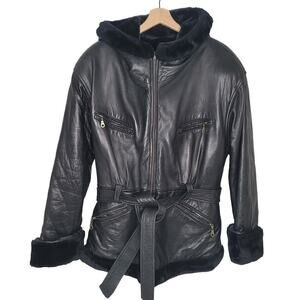 Martani Moda Women's Leather hooded zipped bomber Jacket - Size: L